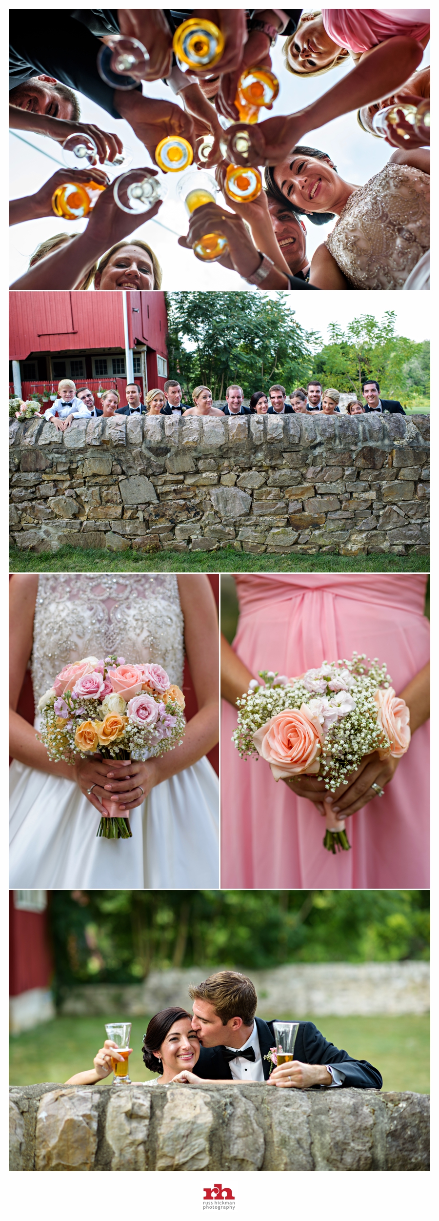 Wedding party enjoys a beer and we see some details of the bridesmaids bouquet.